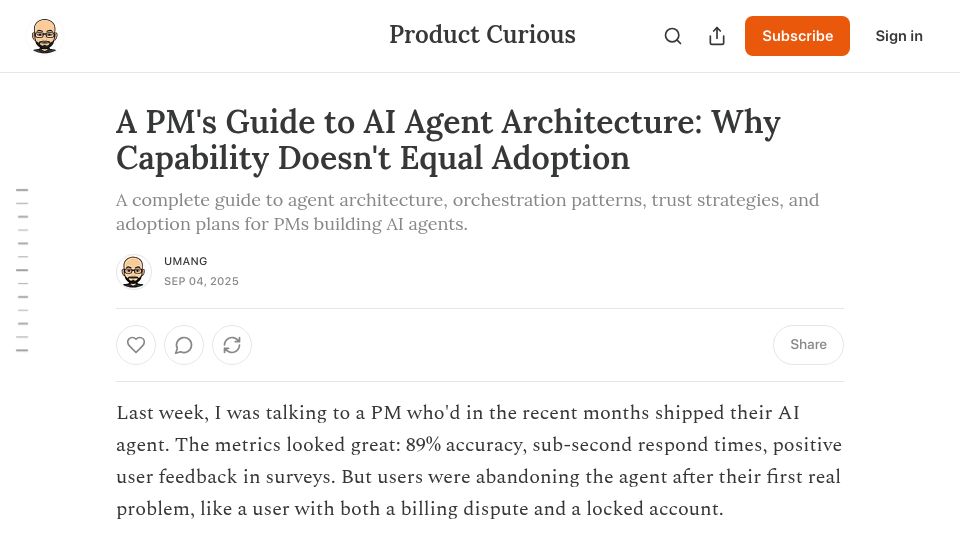 Screenshot of productcurious.com: A PM's Guide to AI Agent Architecture