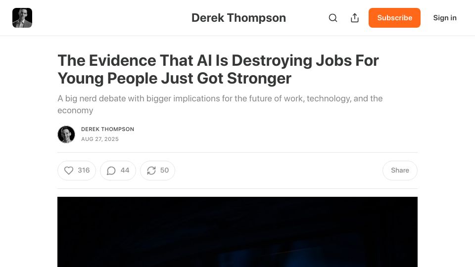 Screenshot of derekthompson.org: Evidence that AI is destroying jobs for young people