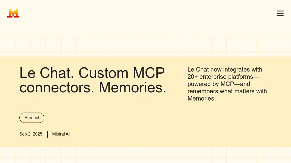 Screenshot of mistral.ai: Le Chat: Custom MCP Connectors, Memories