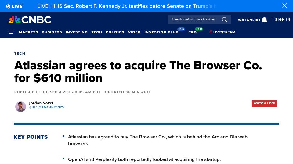 Screenshot of cnbc.com: Atlassian is acquiring the Browser Company