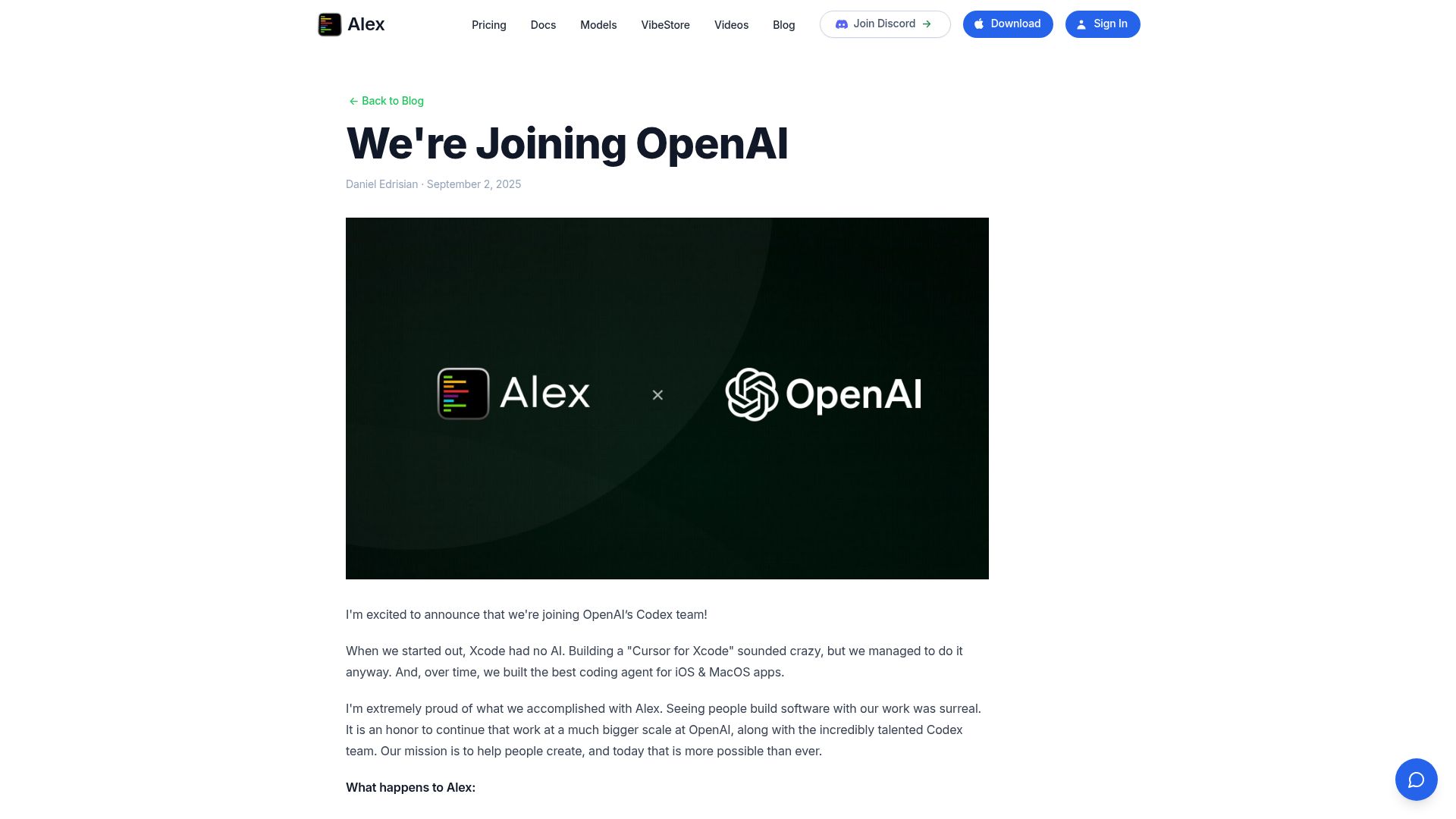 Screenshot of alexcodes.app: We're Joining OpenAI