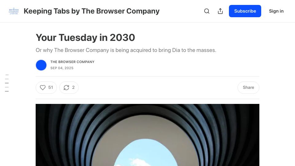 Screenshot of browsercompany.substack.com: Browser Company (makers of Arc browser) Acquired By Atlassian for $610M