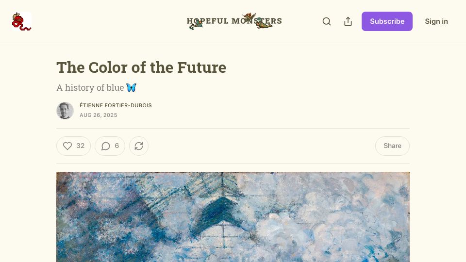 Screenshot of hopefulmons.com: The Color of the Future: A history of blue