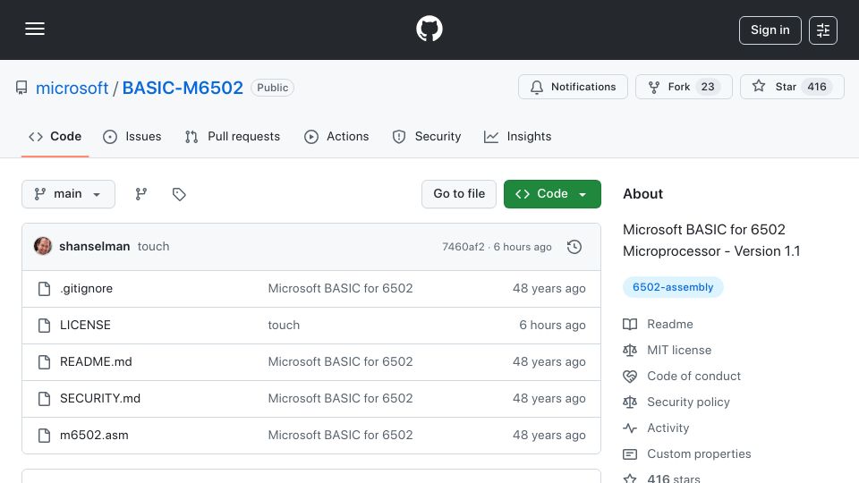 Screenshot of github.com: Microsoft BASIC for 6502 Microprocessor – Version 1.1