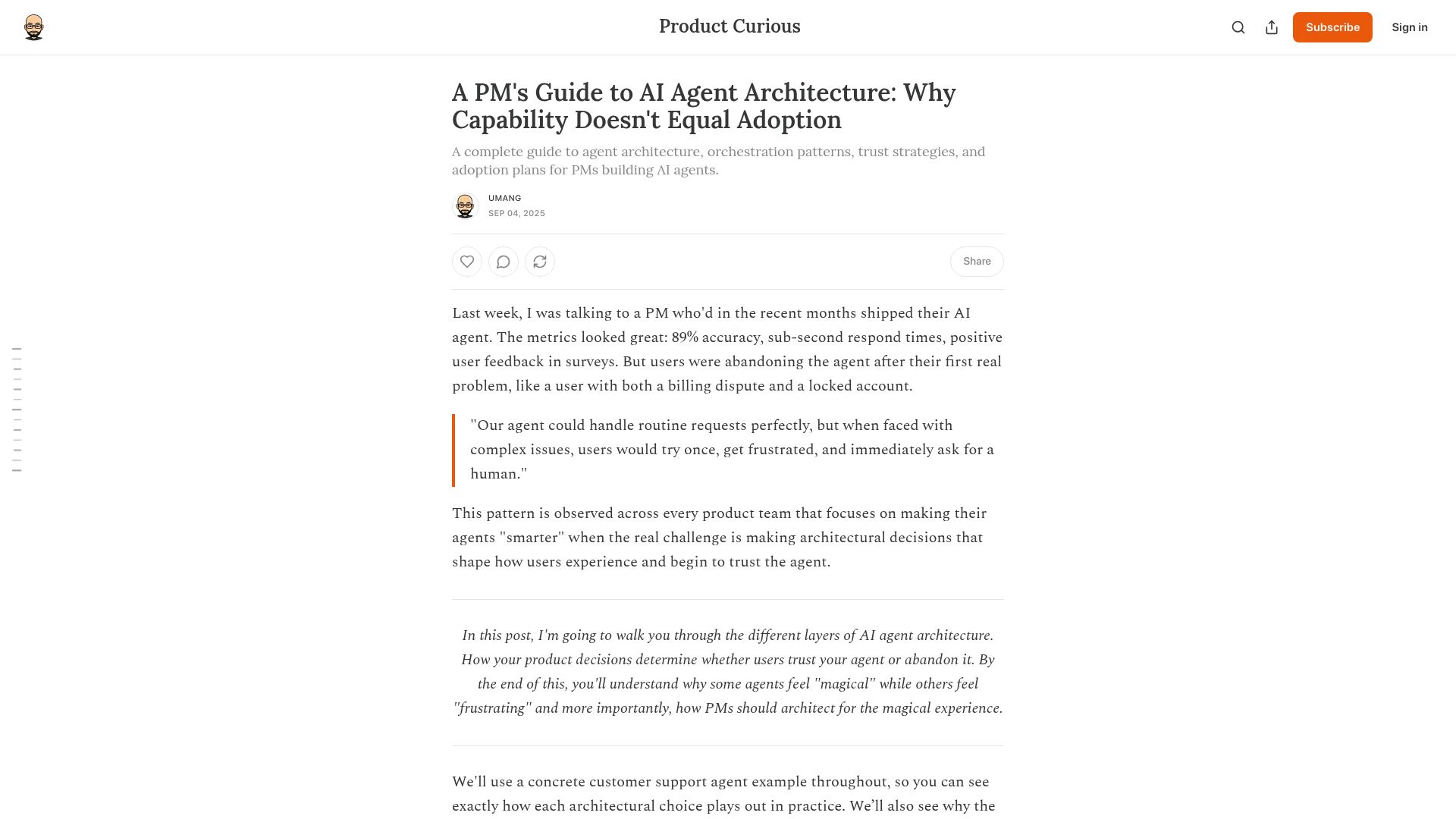 Screenshot of productcurious.com: A PM's Guide to AI Agent Architecture