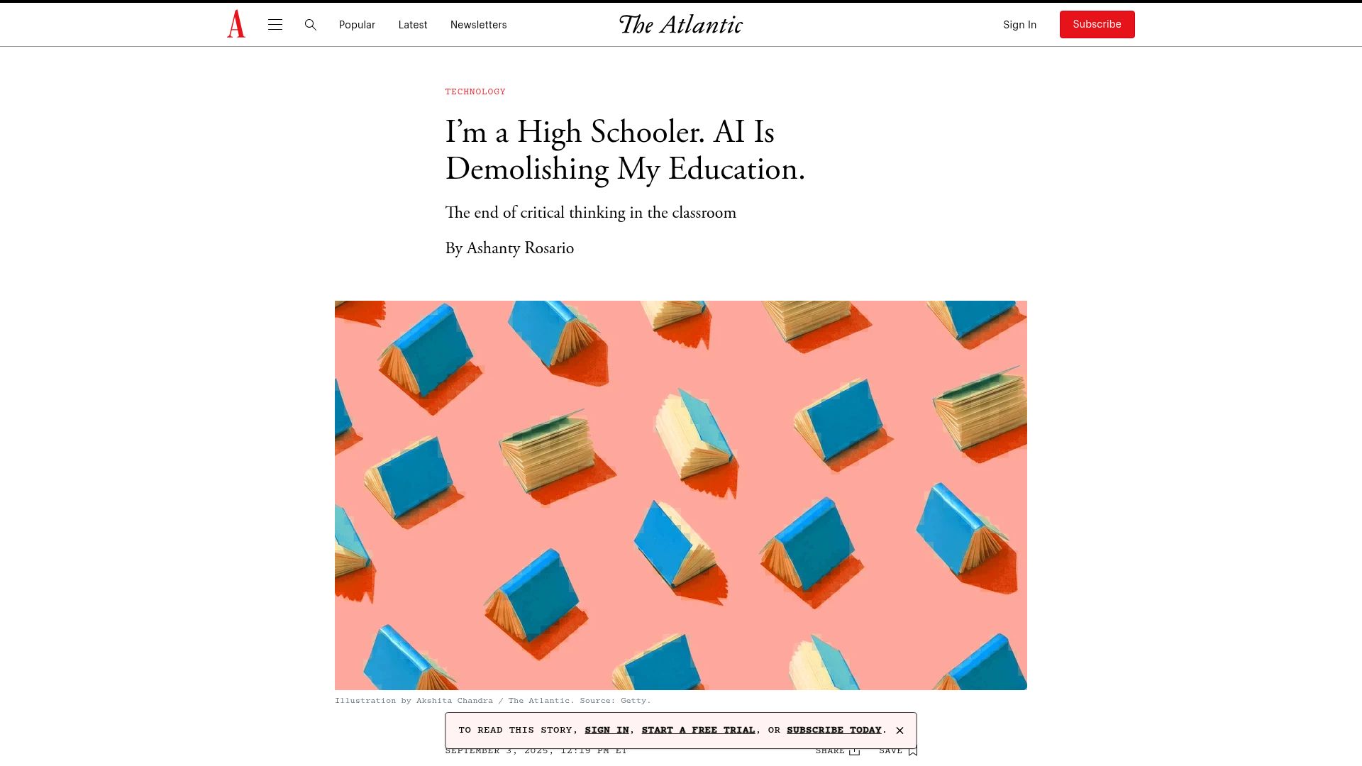 Screenshot of theatlantic.com: A high schooler writes about AI tools in the classroom