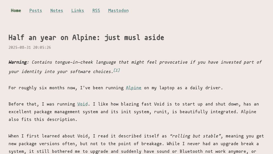 Screenshot of blog.jutty.dev: Half an year on Alpine: just musl aside