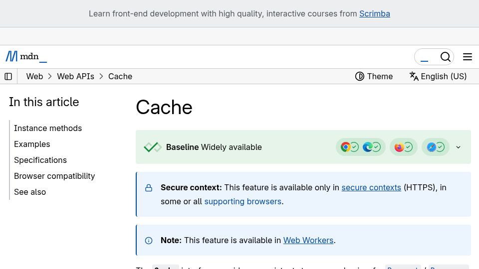 Screenshot of developer.mozilla.org: Cache
