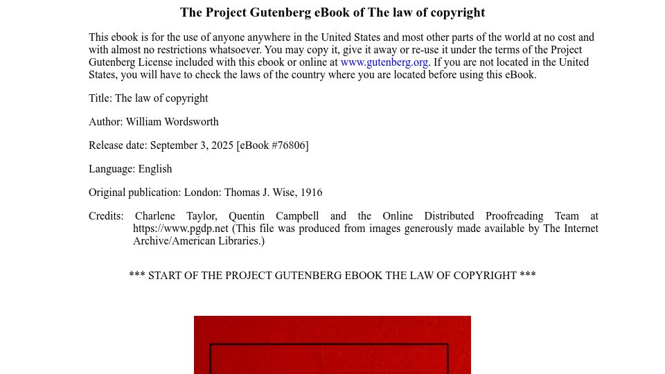 Screenshot of gutenberg.org: William Wordsworth's letter: "The Law of Copyright" (1838)