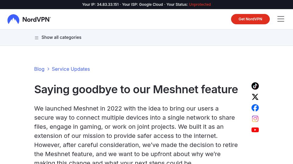 Screenshot of nordvpn.com: Farewell to Meshnet