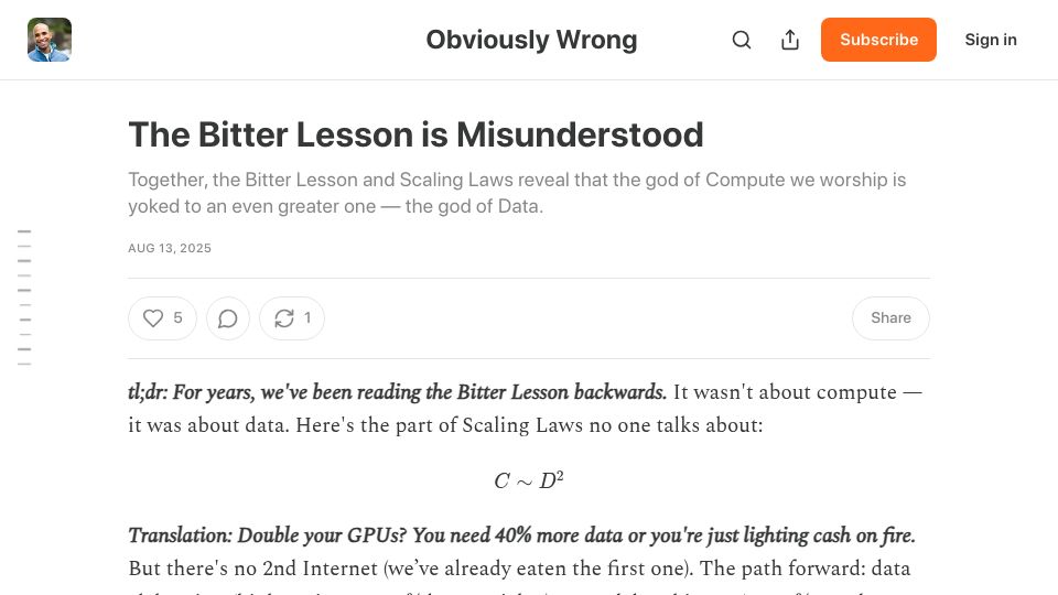 Screenshot of obviouslywrong.substack.com: The Bitter Lesson Is Misunderstood
