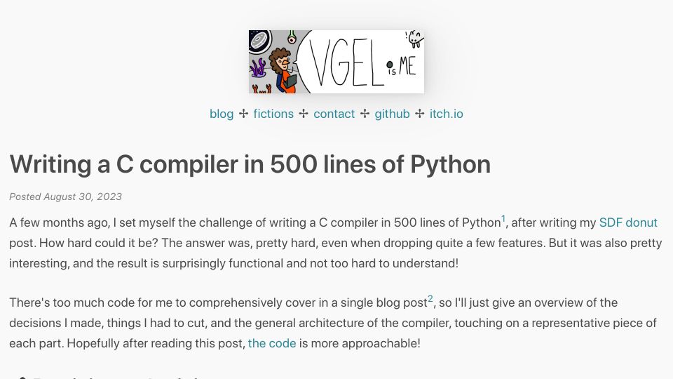 Screenshot of vgel.me: Writing a C compiler in 500 lines of Python (2023)