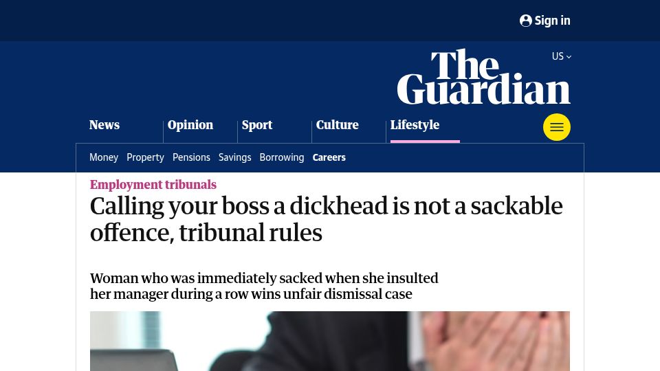 Screenshot of theguardian.com: Calling your boss a dickhead is not a sackable offence, UK tribunal rules