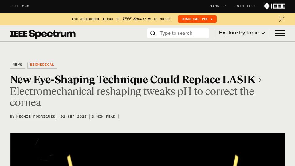 Screenshot of spectrum.ieee.org: Electromechanical reshaping offers safer eye surgery