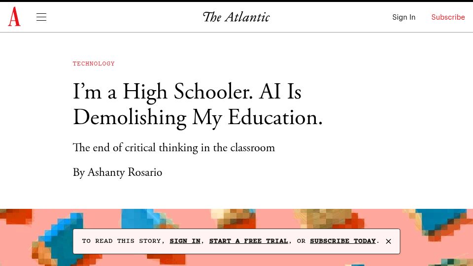 Screenshot of theatlantic.com: A high schooler writes about AI tools in the classroom