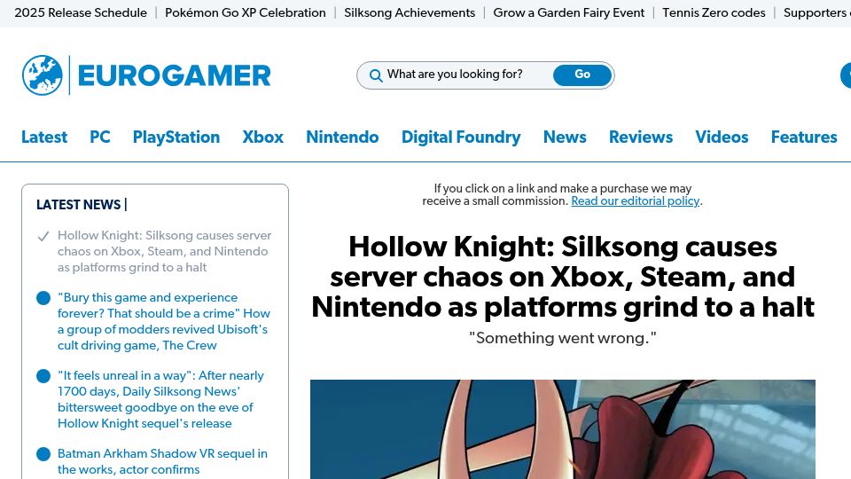 Screenshot of eurogamer.net: Hollow Knight: Silksong causes server chaos on Xbox, Steam, and Nintendo
