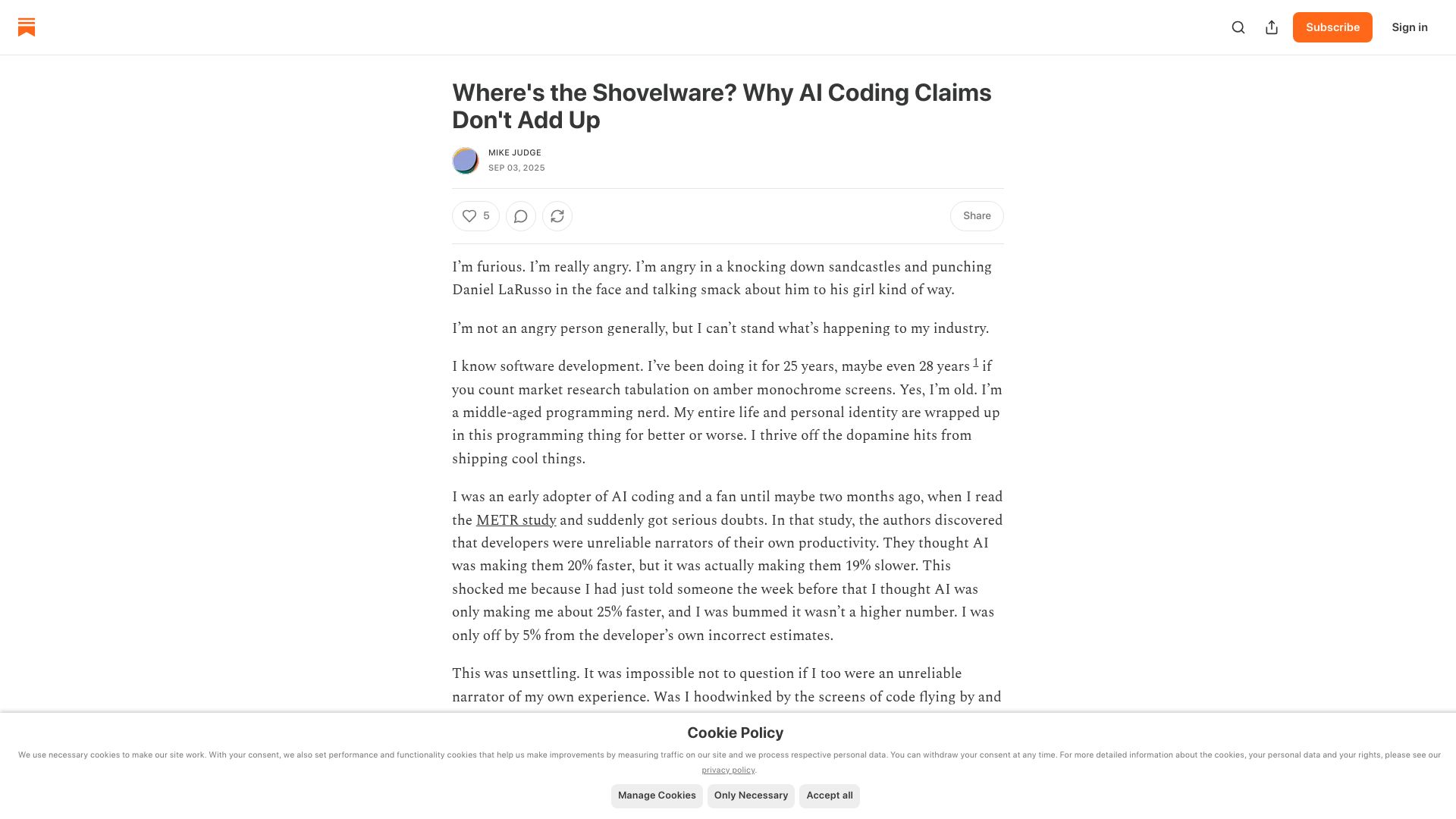 Screenshot of mikelovesrobots.substack.com: Where's the shovelware? Why AI coding claims don't add up