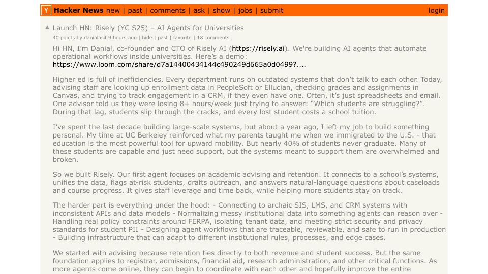 Screenshot of Hacker News post: Launch HN: Risely (YC S25) – AI Agents for Universities