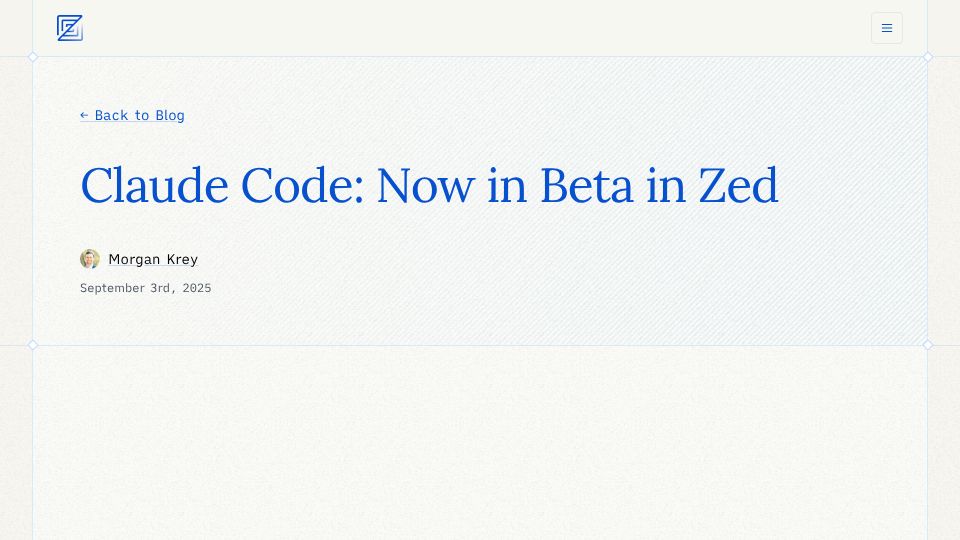 Screenshot of zed.dev: Claude Code: Now in Beta in Zed