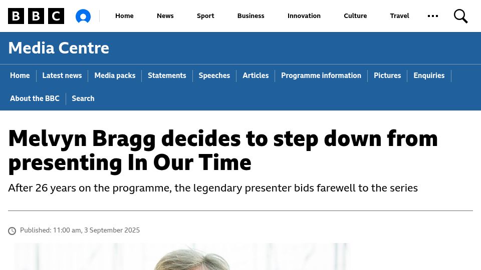 Screenshot of bbc.co.uk: Melvyn Bragg steps down from presenting In Our Time