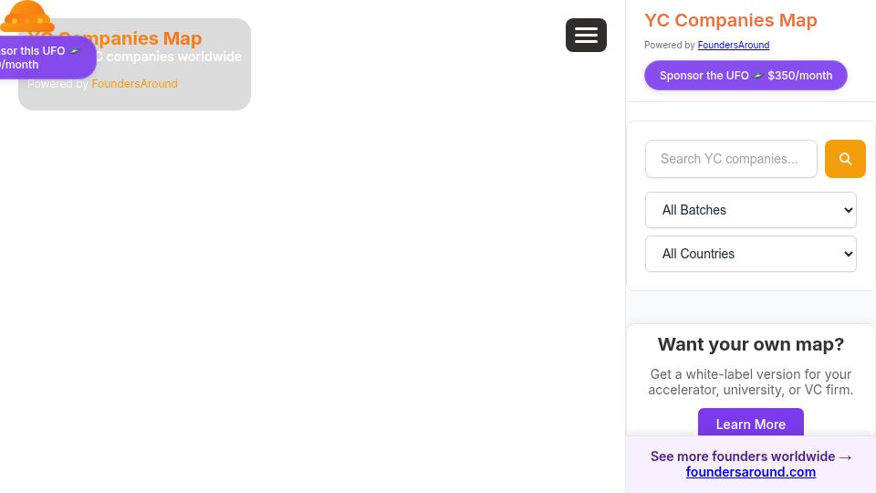 Screenshot of yc.foundersaround.com: Show HN: A Map of All YC Companies (5,300 Startups by Batch and Location)