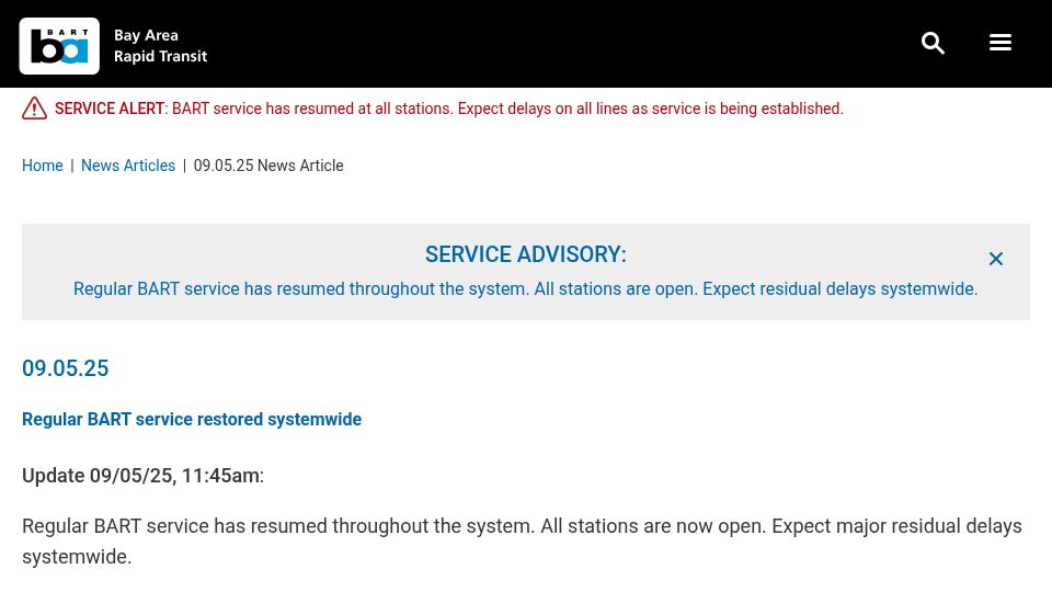 Screenshot of bart.gov: A computer upgrade has shut down BART