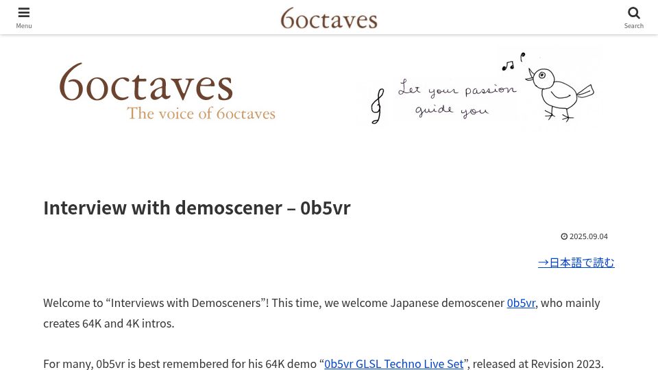 Screenshot of 6octaves.com: Interview with Japanese Demoscener 0b5vr