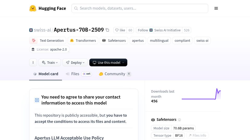Screenshot of huggingface.co: Apertus 70B: Truly Open - Swiss LLM by ETH, EPFL and CSCS