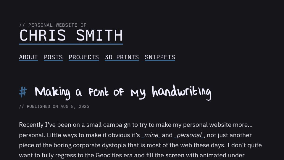 Screenshot of chameth.com: Making a font of my handwriting
