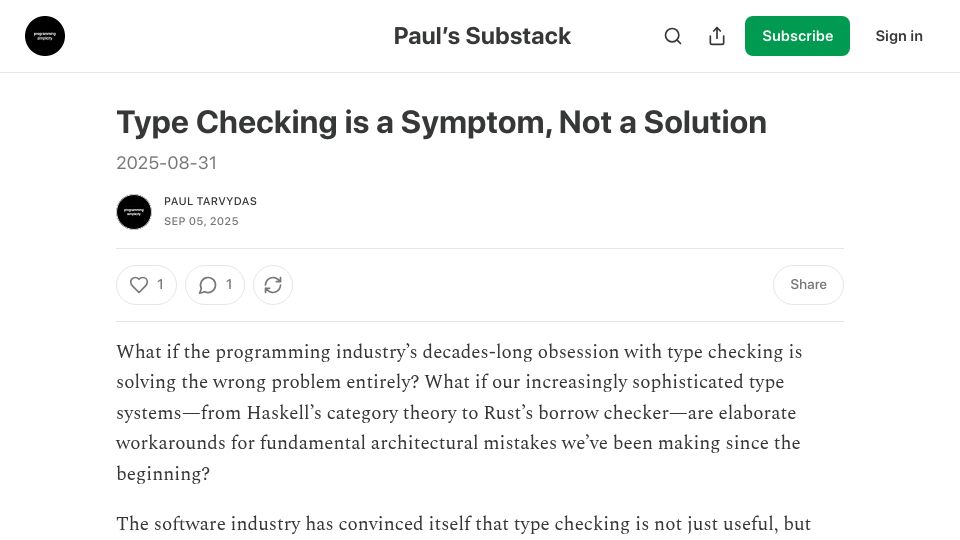 Screenshot of programmingsimplicity.substack.com: Type checking is a symptom, not a solution