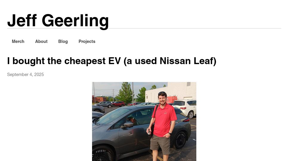 Screenshot of jeffgeerling.com: I bought the cheapest EV, a used Nissan Leaf
