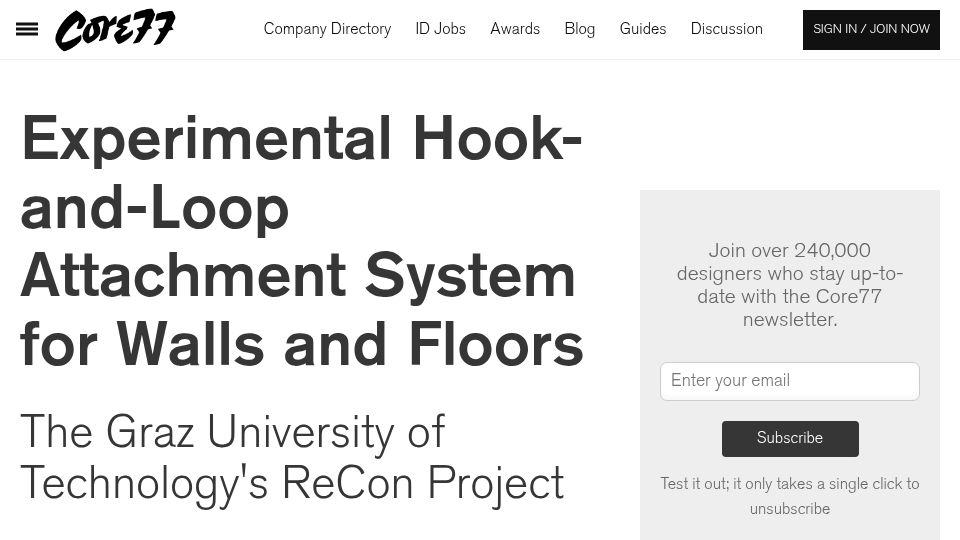Screenshot of core77.com: Experimental Hook-and-Loop Attachment System for Walls and Floors