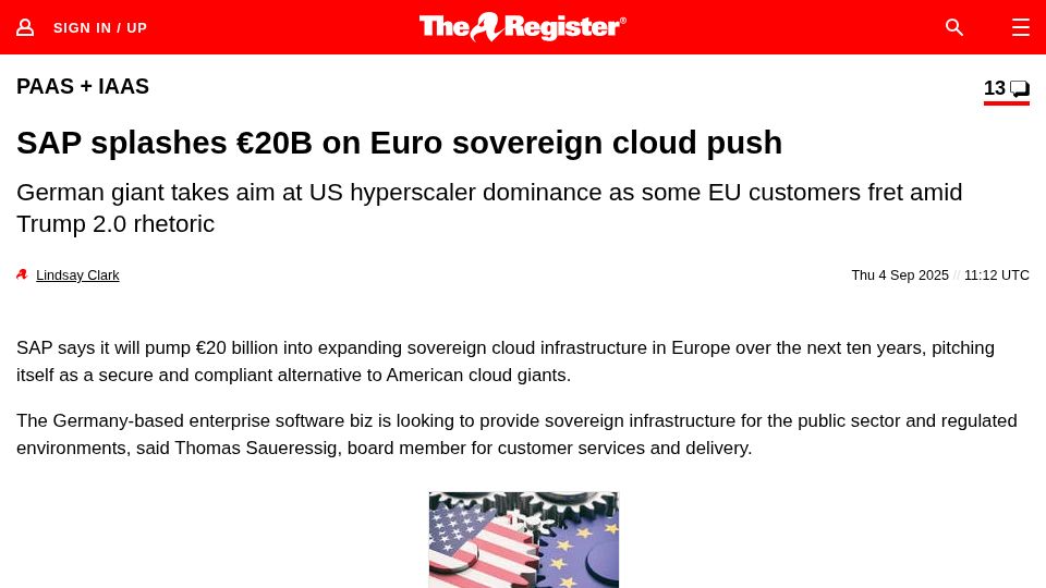 Screenshot of theregister.com: SAP splashes €20B on Euro sovereign cloud push