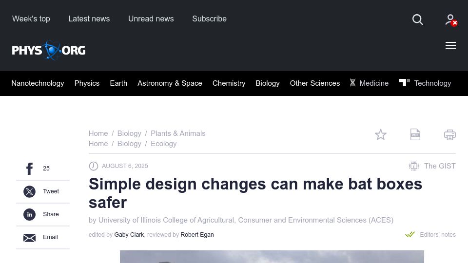 Screenshot of phys.org: Simple design changes can make bat boxes safer