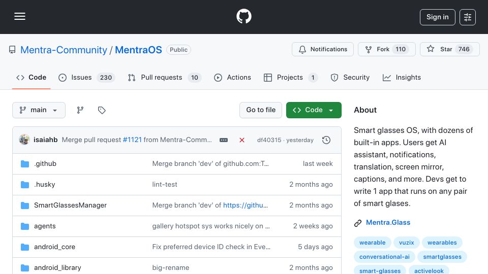 Screenshot of github.com: MentraOS – open-source Smart glasses OS
