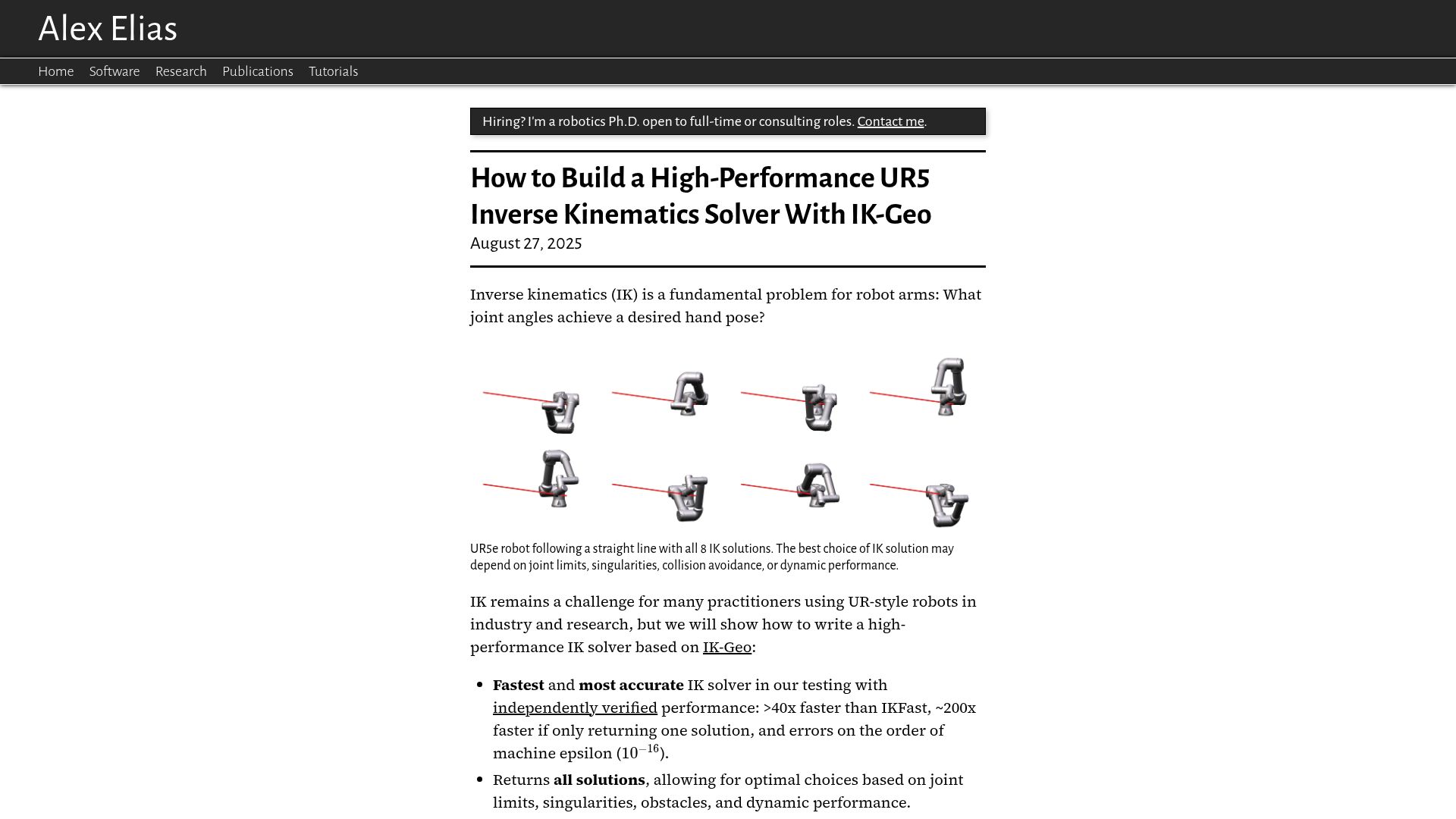 Screenshot of alexanderelias.com: How to Build a High-Performance UR5 Inverse Kinematics Solver with IK-Geo
