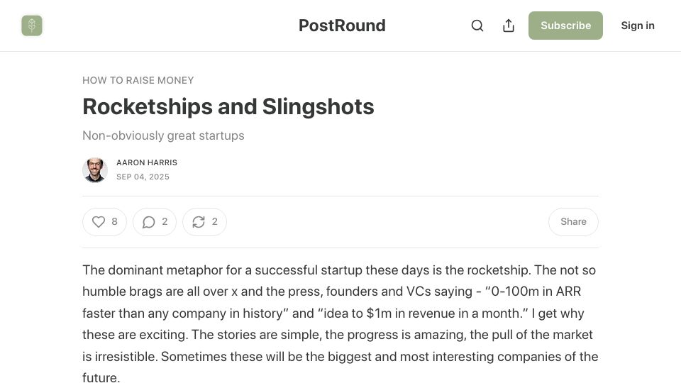 Screenshot of postround.substack.com: Rocketships and Slingshots