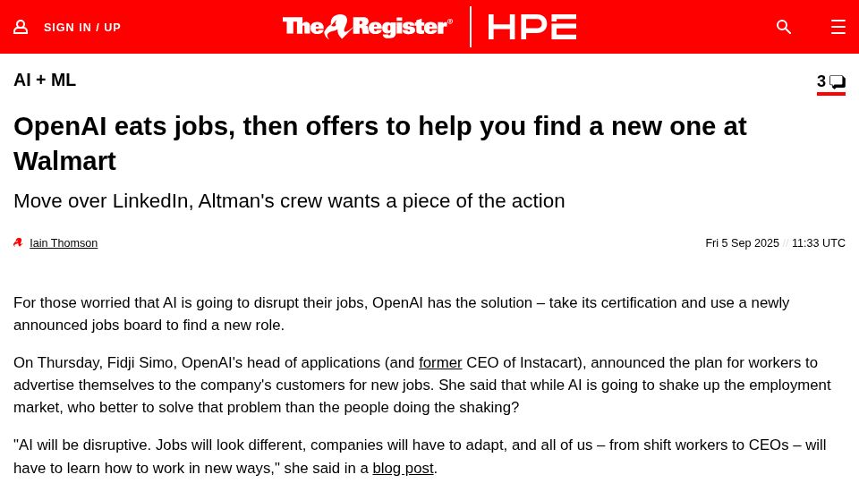 Screenshot of theregister.com: OpenAI eats jobs, then offers to help you find a new one at Walmart
