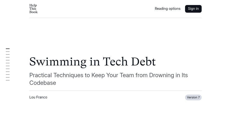Screenshot of helpthisbook.com: Show HN: Swimming in Tech Debt