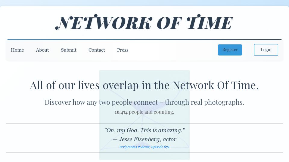 Screenshot of networkoftime.com: All of our lives overlap in the Network Of Time