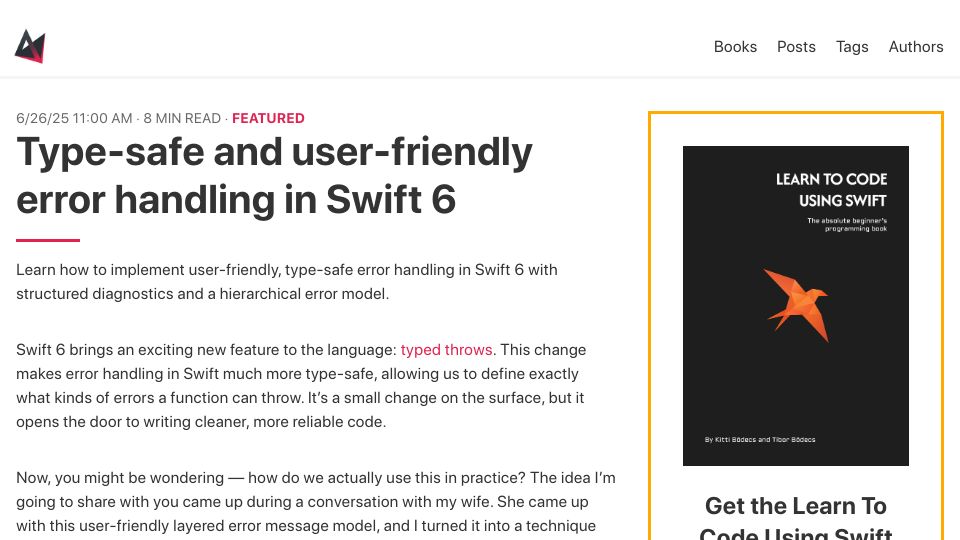 Screenshot of theswiftdev.com: Type-safe and user-friendly error handling in Swift 6