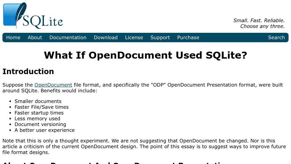 Screenshot of sqlite.org: What If OpenDocument Used SQLite?