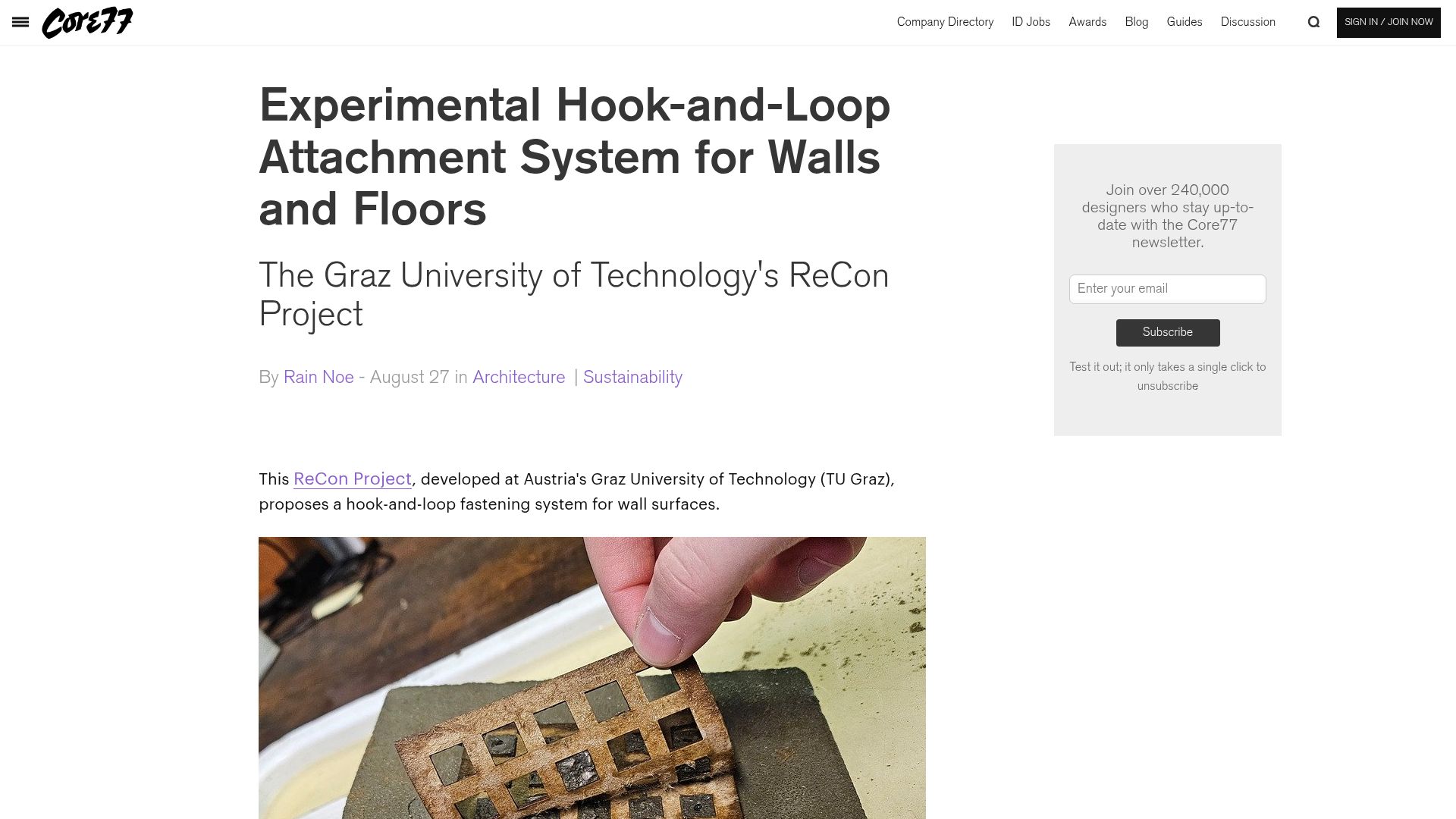 Screenshot of core77.com: Experimental Hook-and-Loop Attachment System for Walls and Floors