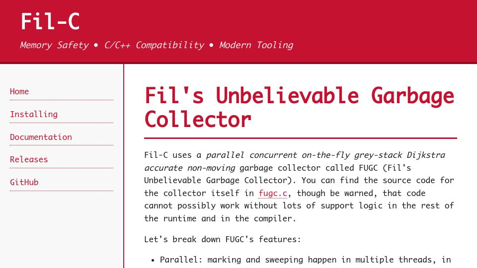 Screenshot of fil-c.org: Fil's Unbelievable Garbage Collector