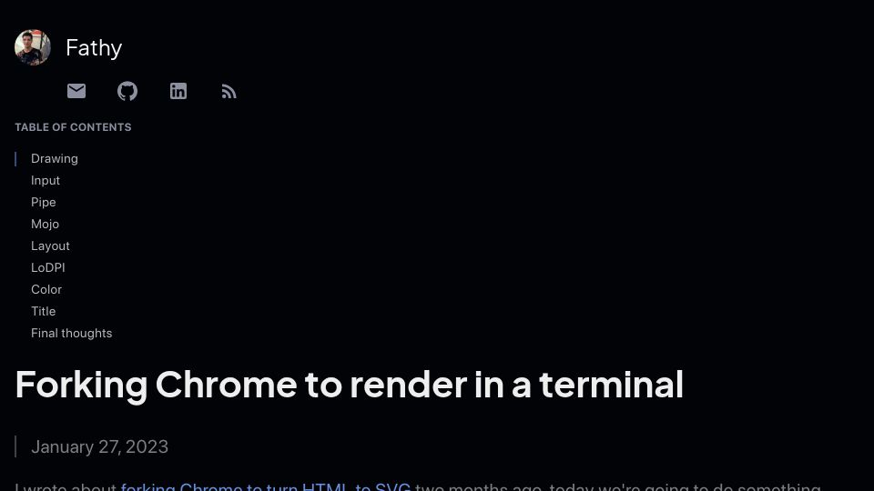 Screenshot of fathy.fr: Forking Chrome to render in a terminal (2023)