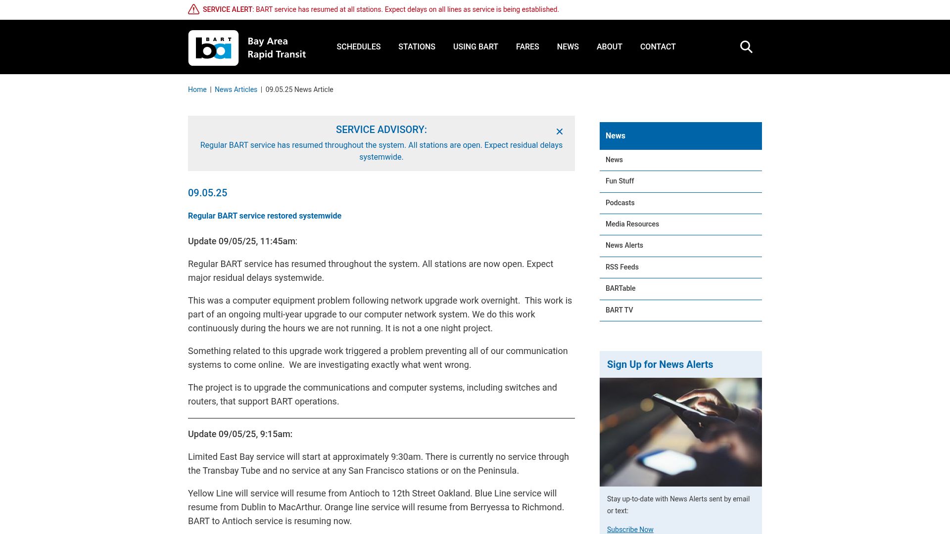 Screenshot of bart.gov: A computer upgrade has shut down BART