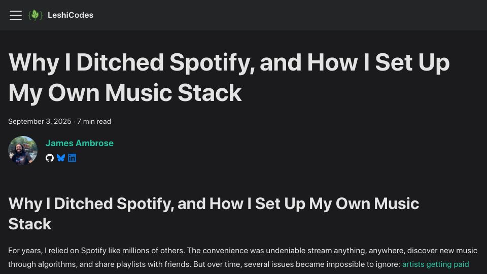 Screenshot of leshicodes.github.io: I ditched Spotify and set up my own music stack