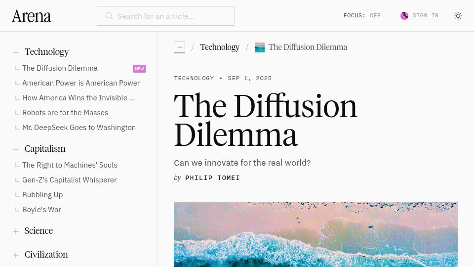 Screenshot of arenamag.com: The Diffusion Dilemma