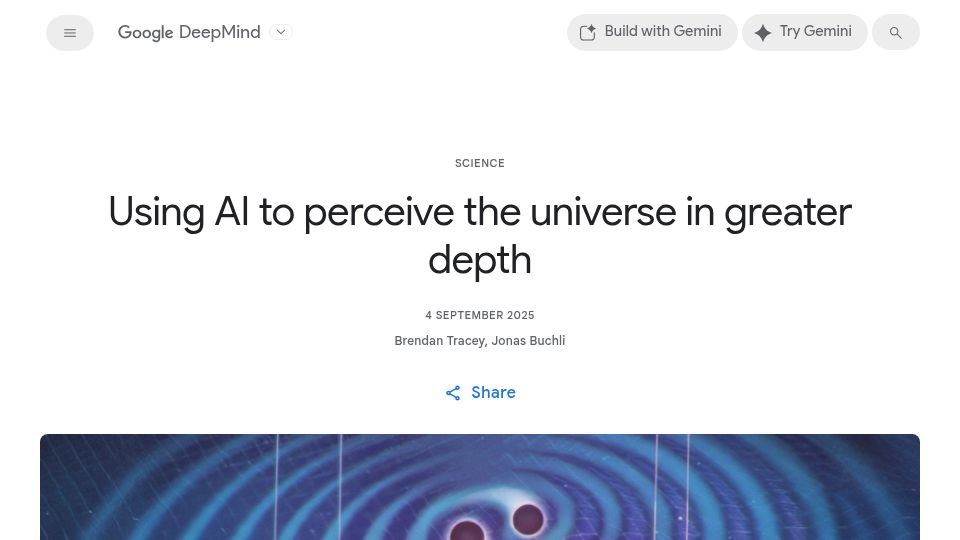 Screenshot of deepmind.google: Using AI to perceive the universe in greater depth