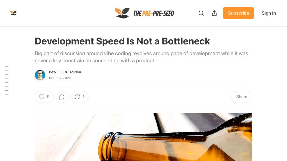 Screenshot of pawelbrodzinski.substack.com: Development speed is not a bottleneck